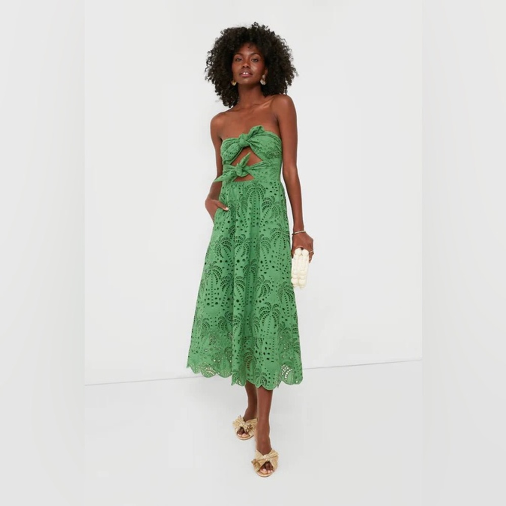FARM Rio Green Strapless Eyelet Midi Dress